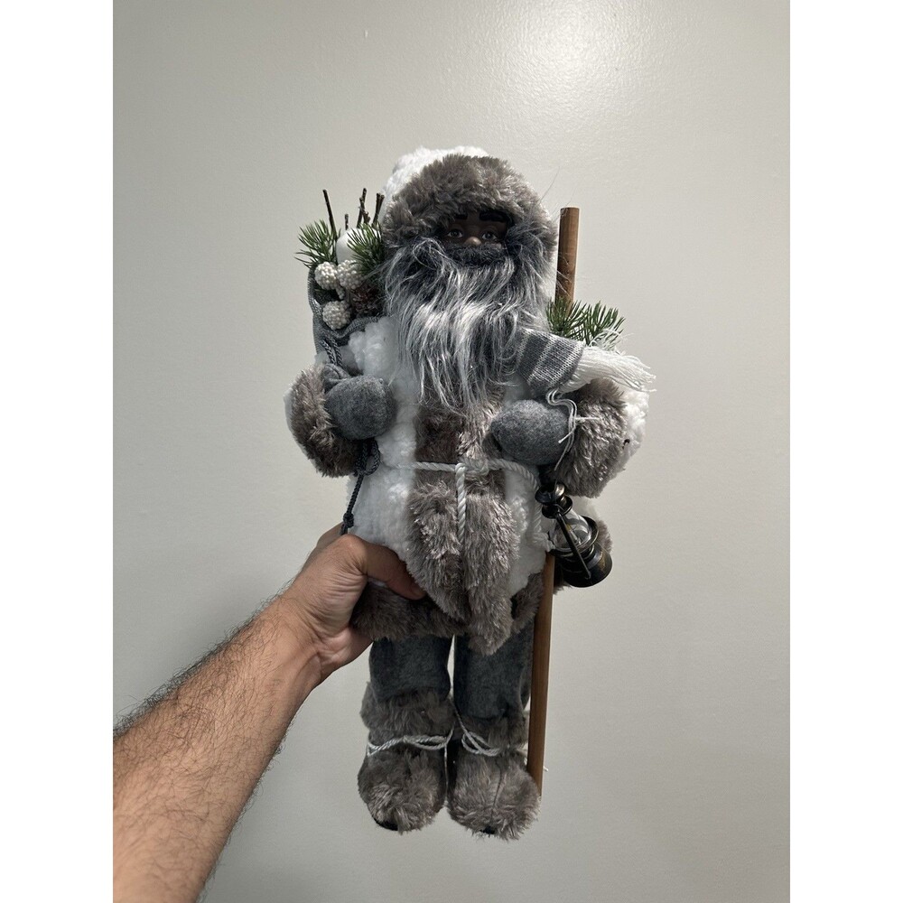Christmas Santa Gnome Holiday Decor With Bell Staff And Pine Accents 18โ | Grey